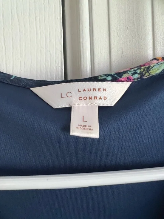 LC Lauren Conrad Navy Blue Floral Cottagecore Maxi Ruffle Tie Waist Dress Large - Picture 3 of 12